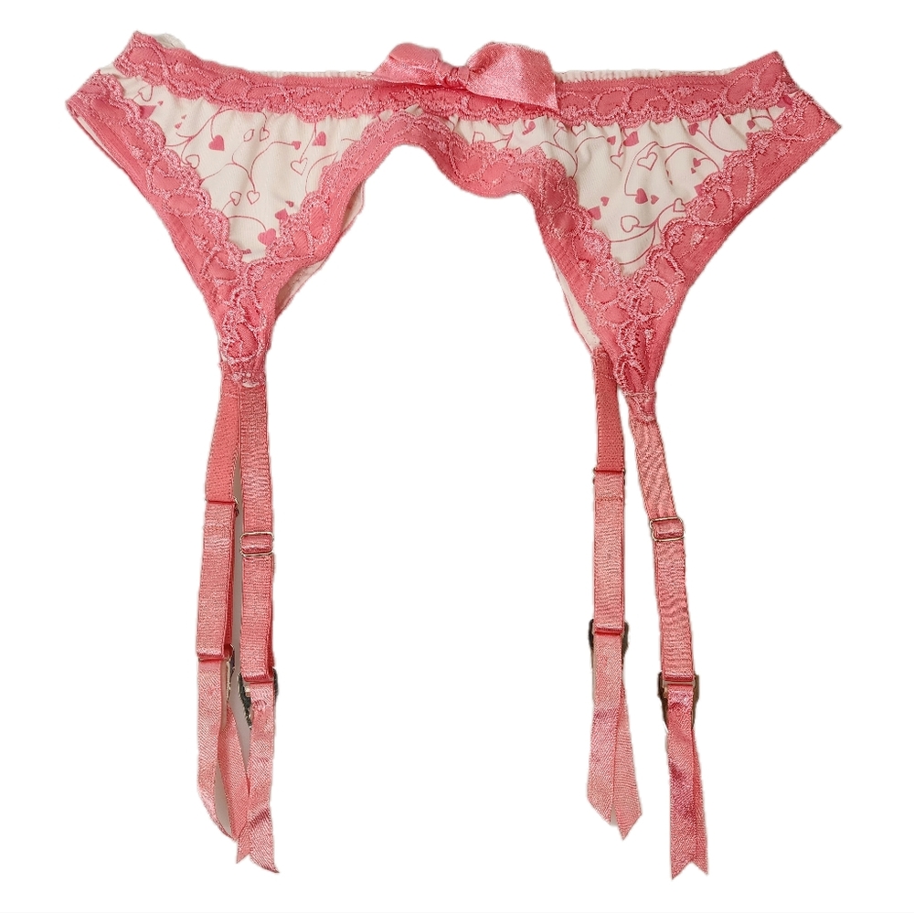 Pink and White Garter Belt with Heart Design Size Small
